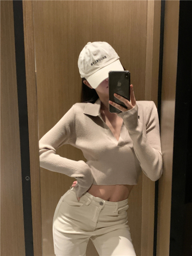 chic retro korean style all-match knitted bottoming shirt women's autumn 2022 new style sweater short long sleeve top