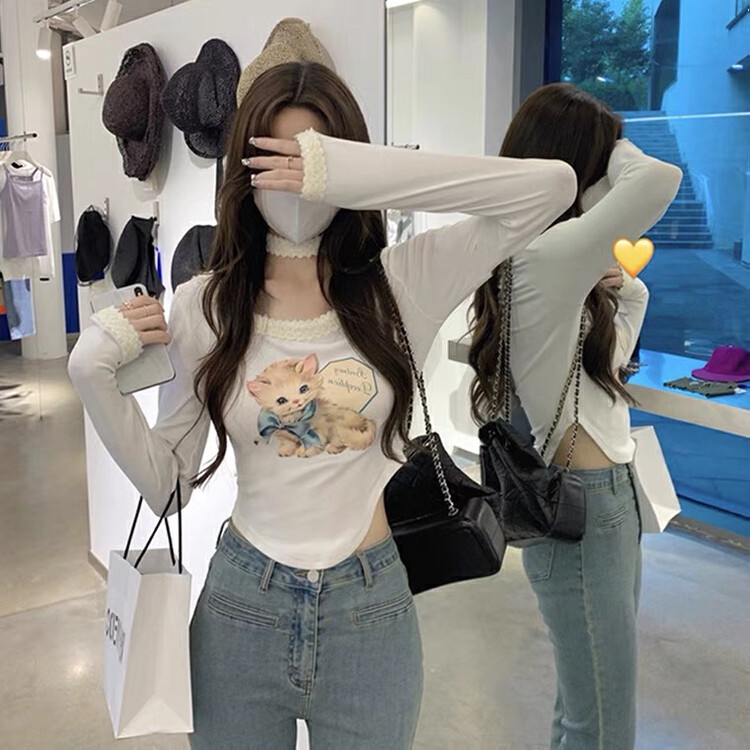 Autumn is new! [L.L STUDIO] large round neck cat print long-sleeved T-shirt (collar neck) 78074# PCZ
