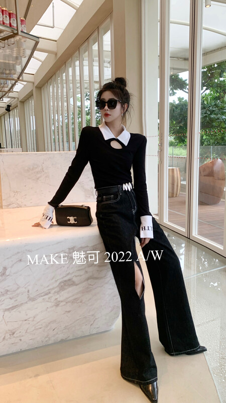 New in early autumn!  【MAKE】Casual loose ripped straight leg-length jeans 3350# OZQ