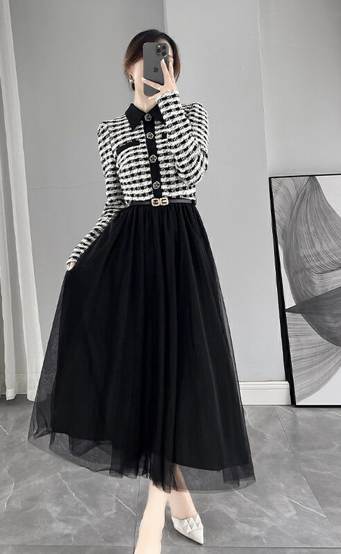 Autumn is new! [JH] Net red Xiaoxiang stitching contrast color dress (with belt) 42919# PCZ