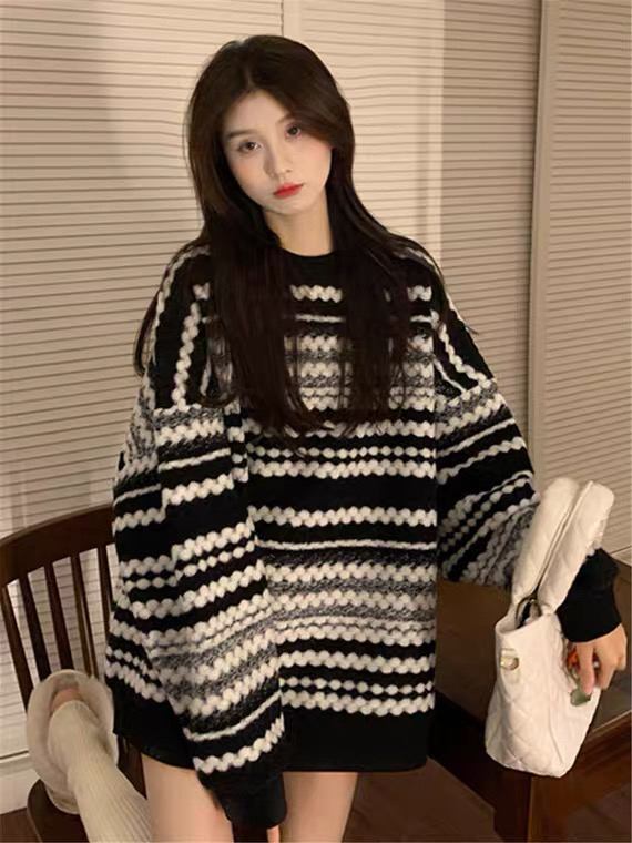 New Autumn!【L.L STUDIO】Lazy American Striped Pullover Sweater 78075# PCZ