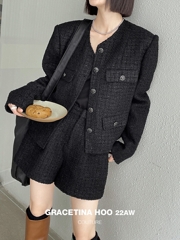【GRACETINA HOO】Xiaoxiangfeng tweed woven high waist casual shorts K8293
