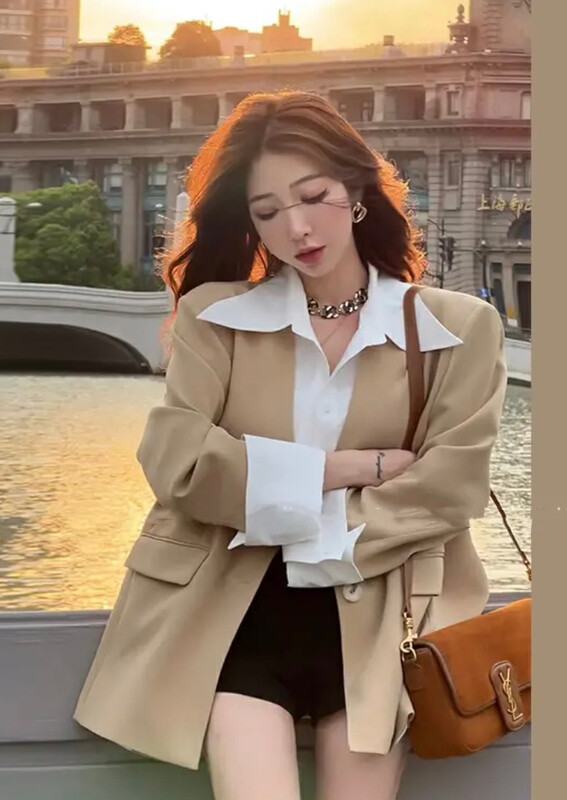 Autumn models are new! [JH] Internet celebrity fake two-piece color matching all-match suit (without brooch) 42768# PCZ