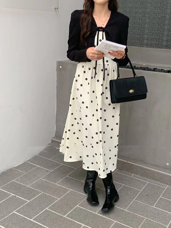 Autumn is new! [JH] Net Red Lace-Up Coat + Floral Sling Dress Suit 42764# PCZ