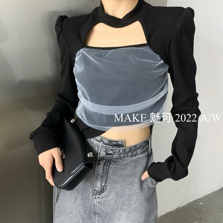 Autumn is new! [MAKE Charm] temperament women's puff sleeves mesh halter neck hollow shirt 3433# OZQ