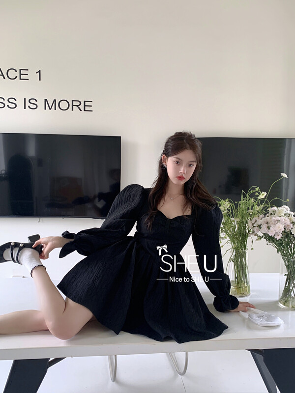 【SHE U】Temperament jacquard puff sleeve dress 89051
