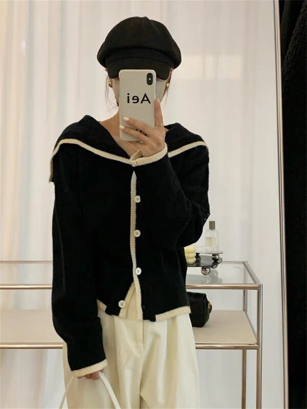 New in autumn!【ARE YOU】Navy Collar Single Breasted Colorblock Knit Cardigan 229# L