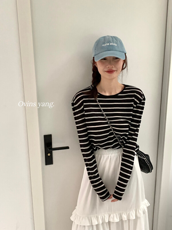 【OVINSYANG】Lazy casual striped long-sleeved T-shirt 8903# FHX