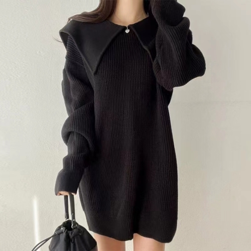 Korean chic autumn and winter lazy style large lapel pit strip design loose casual long-sleeved knitted dress