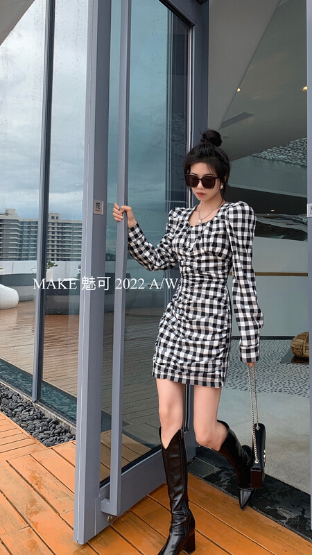 New in early autumn! [MAKE] temperament women's plaid pleated slim dress 3381# OZQ