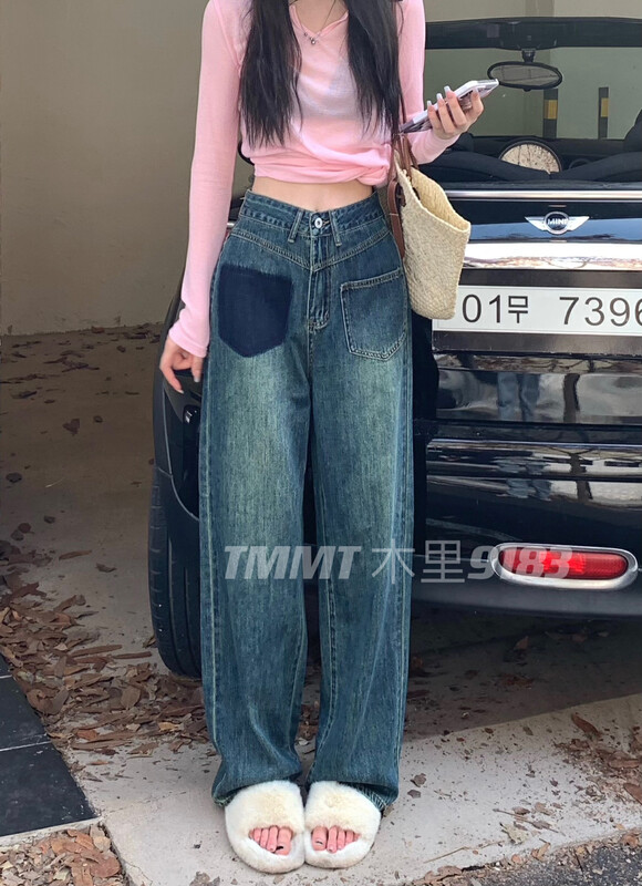 Autumn models are new! [JIAJIATMMT Muli] Retro contrast color denim Hong Kong style niche design wide-leg jeans 9183# L