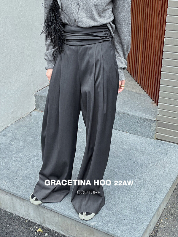 【GRACETINA HOO】High waist waist pleated design wide leg casual pants (lazy, loose and inclusive) K9276# CQW
