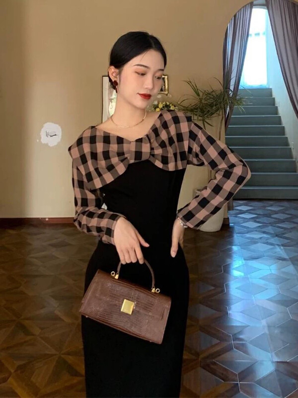 Autumn is new! [L.L STUDIO] Retro temperament elegant plaid waist dress 78014# PCZ