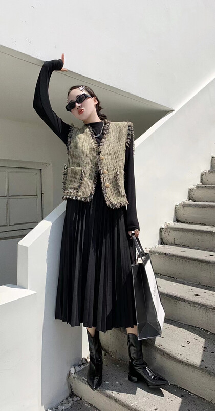 Autumn is new! [JH] Net red tassel vest + pleated dress suit 42905# PCZ
