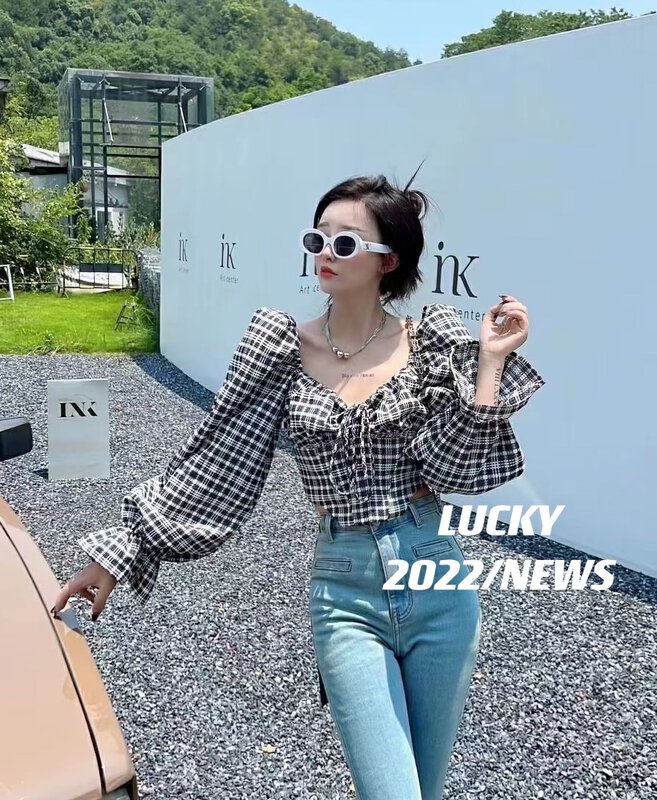 Early autumn new style!【LUCKY】Western style square collar plaid French shirt 9401# ZXX