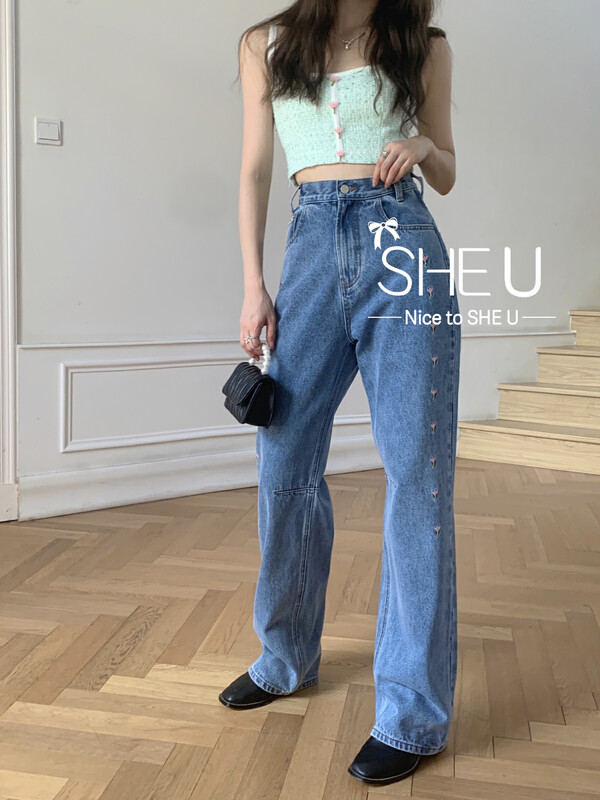 【SHE U】Korean version of all-match straight small flower jeans 51010