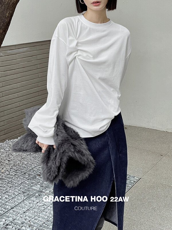 [GRACETINA HOO] niche loose folded round neck long-sleeved sweater cuffs custom embroidered logo WY5048