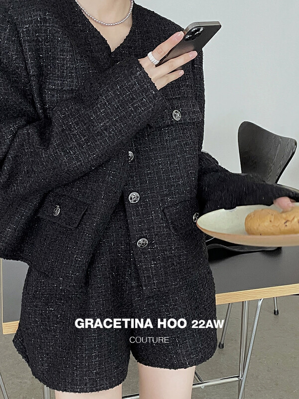 [GRACETINA HOO] Xiaoxiangfeng tweed woven short coat custom dark flash texture fabric WT6197