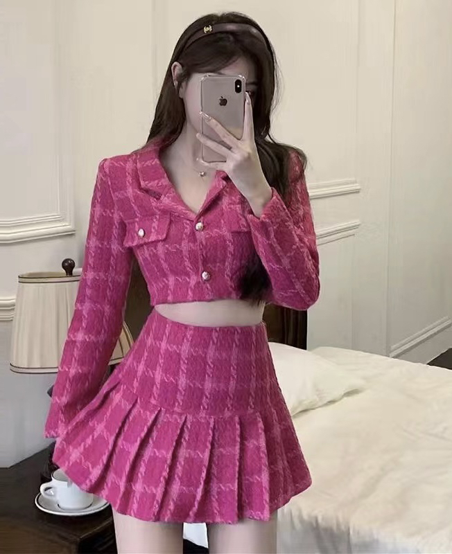 Autumn is new! [JH] Net Red Plaid Short Jacket + Pleated Skirt Set (Only Selling Sets) 42787# PCZ