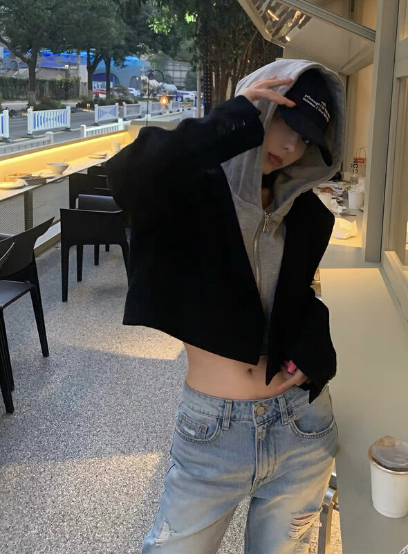 New in autumn! [JH] Net red fake two-piece hooded short short jacket 42792# PCZ