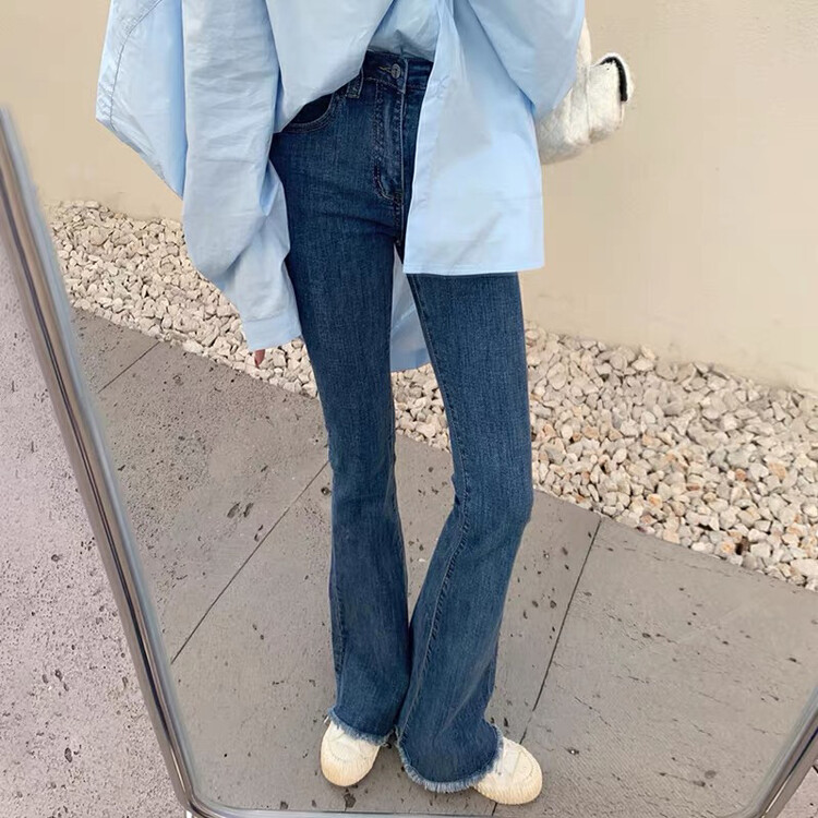 New in autumn! [JIAJIATMMT Muli] Retro raw edge stretch slim flared jeans 1003# L