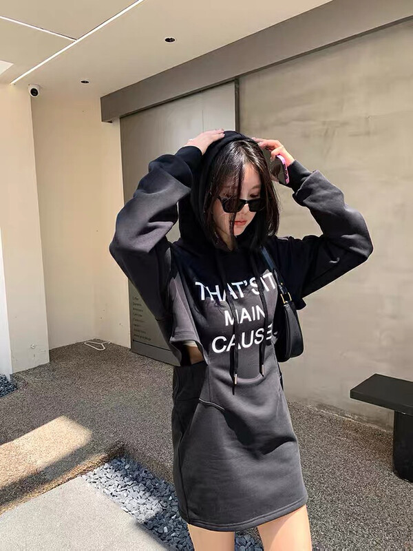 Autumn is new!【L.L STUDIO】Korean version of the letter printed hollow hip hooded dress 78051# PCZ