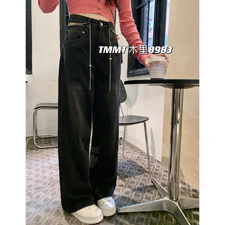 New in autumn! [JIAJIATMMT Muli] Hollow out niche design wide-leg mopping jeans (with waist rope) 8983# L