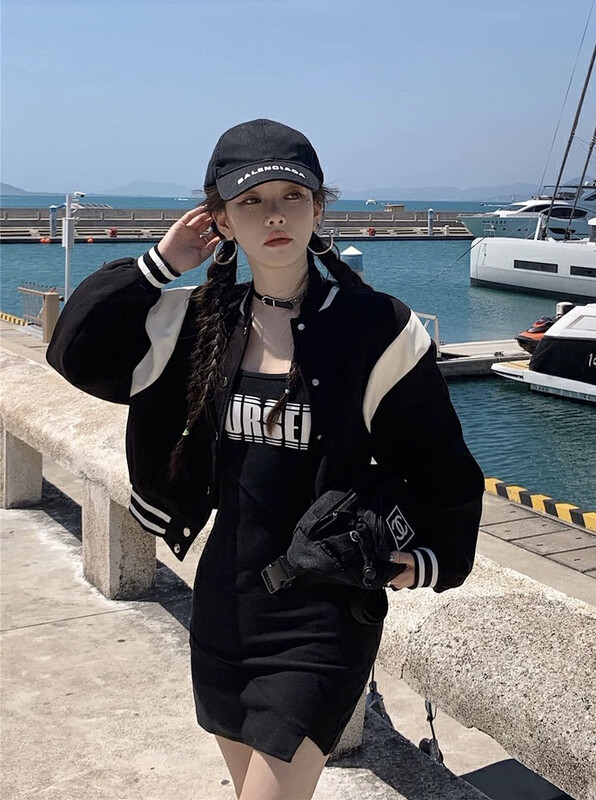 New in early autumn! [JH] Net Red Contrast Color Baseball Jacket + Letter Sling Dress Set 42583# PCZ