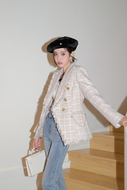 [ALALA EMELIA] Niche Haute Couture Small Fragrance Pink Waist Suit Short Jacket S2197
