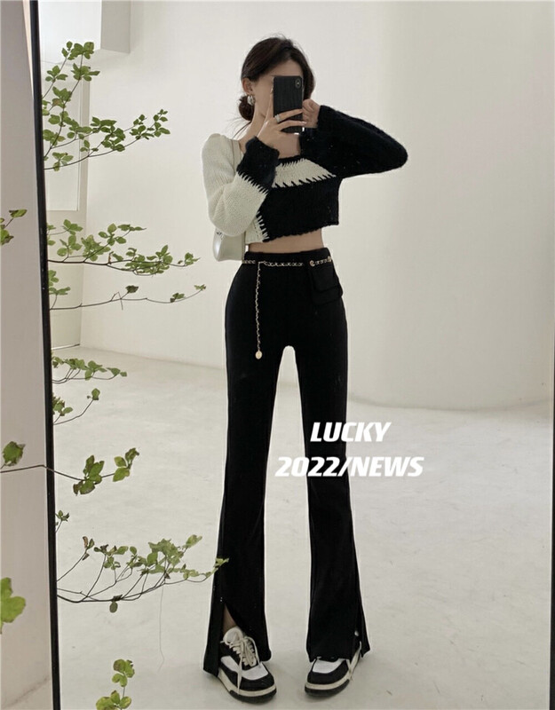 Autumn models are new! [LUCKY] Thin elastic slit flared casual pants (with chain) 1216# ZXX