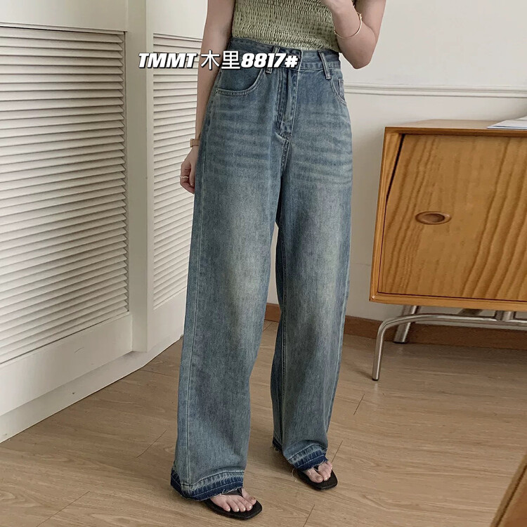 New in autumn! [JIAJIATMMT Muli] Retro blue port style wash old high waist loose mopping straight jeans J8817# L