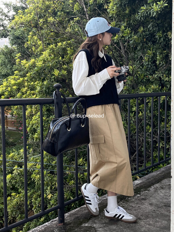 Autumn is new! [6-UP] Korean version of the tool pocket loose skirt (with belt) 69250# CQW