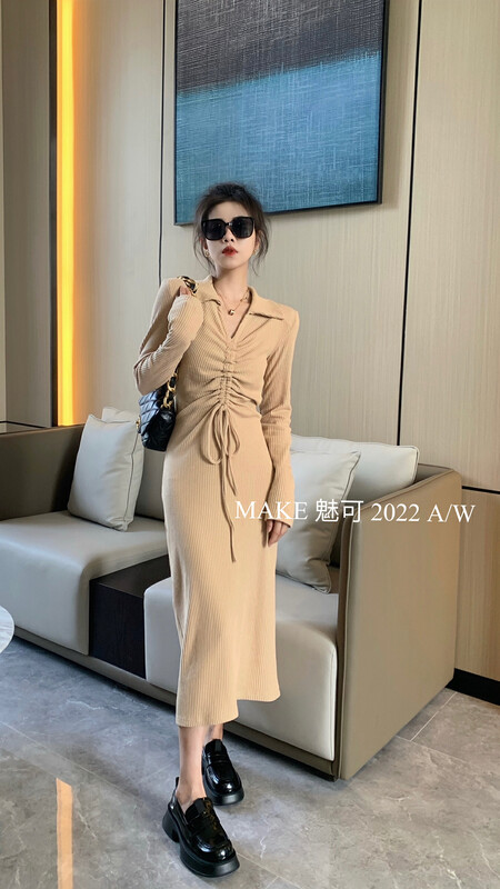 New in early autumn! [MAKE charismatic] temperament women show thin front middle drawstring Polo collar dress 8859# OZQ