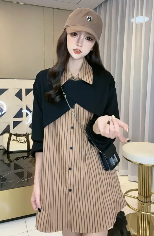 Autumn is new! [JH] Net red pullover shirt + striped shirt suit 42932# PCZ