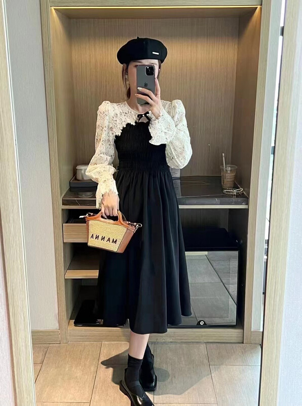 Autumn is new! [JH] Net red stitching contrast color stitching lace dress (sell dress only) 42762# PCZ