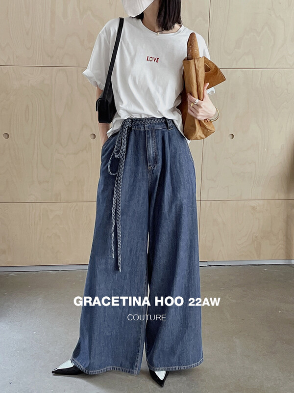 [GRACETINA HOO] Heavy industry hand-designed twist belt wide-leg high-waisted jeans N223