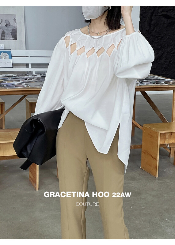 [GRACETINA HOO] Heavy industry niche design shoulder twisted hollow long-sleeved shirt CS6210-1