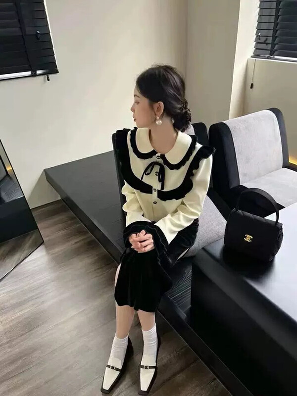 New in autumn! [L.L STUDIO] ruffled stitching doll collar small fragrance short coat (with detachable bow) (only short coat is sold) 77993# PCZ