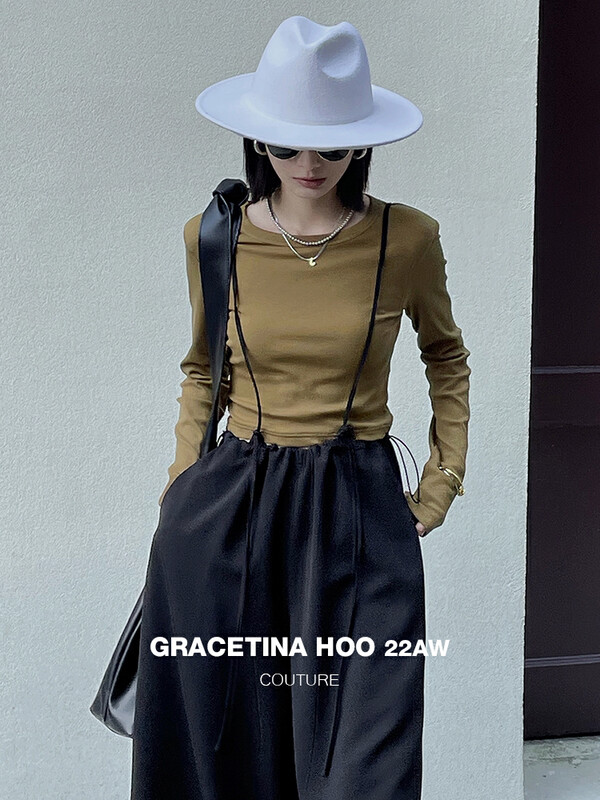 [GRACETINA HOO] Simple short design with hollow knitted all-match long-sleeved T-shirt T2207