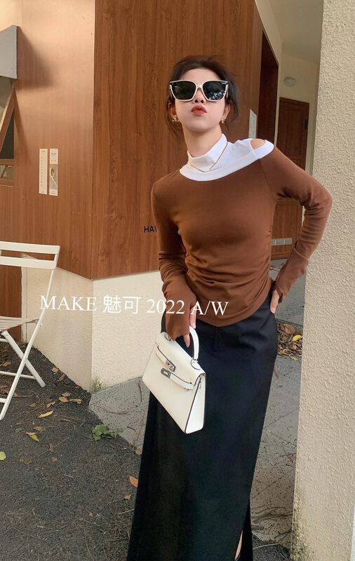 Autumn is new! [MAKE Charm] temperament women's oblique contrast color stitching single off-shoulder side drawstring shirt 50320# OZQ