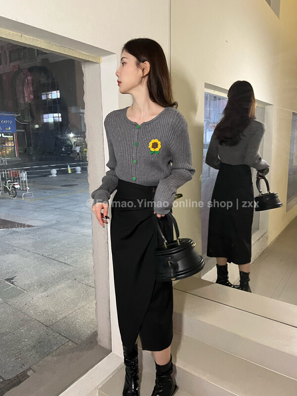 【FEI MAO】New wrinkled button suit material irregular slit bag hip skirt Z-8591# CQW