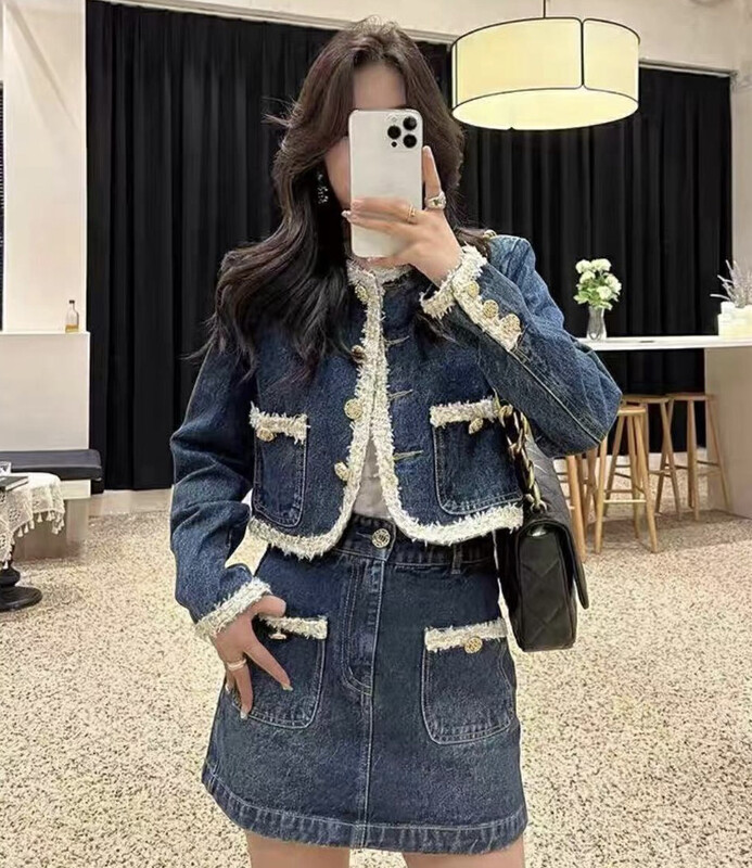Autumn is new! [JH] Net Red Xiaoxiang Washed Denim Short Jacket + Denim Skirt Suit 42800# PCZ