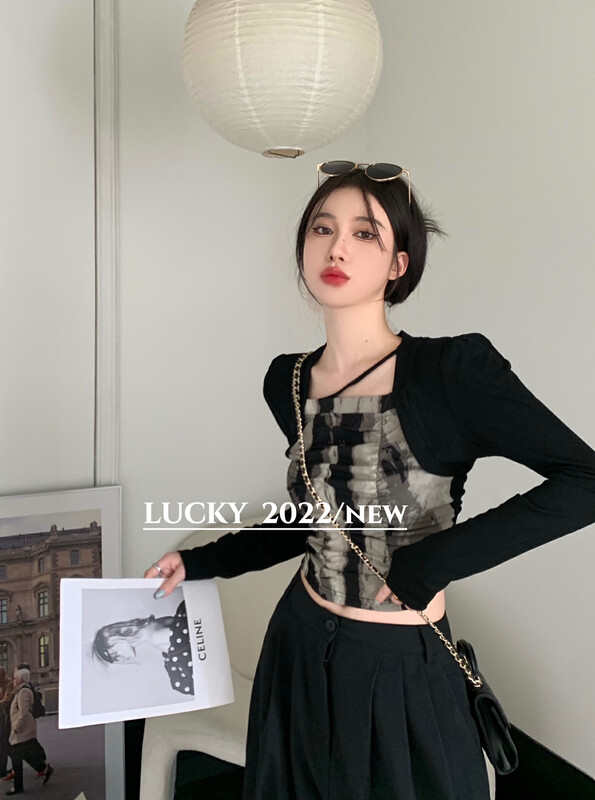 New in autumn! [LUCKY] Design-inspired tie-dye puff sleeves wrinkled shirt 9462# ZXX