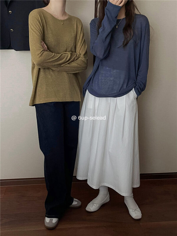 New early autumn! [6-UP] Back buttoned round neck Tencel solid color knitted sweater 69096# XJ