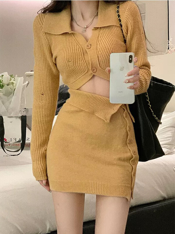 New Autumn Styles! [L.L STUDIO] Pure Desire Hip Skirt + Single-Breasted Simple Knit Sweater Suit 77990# PCZ