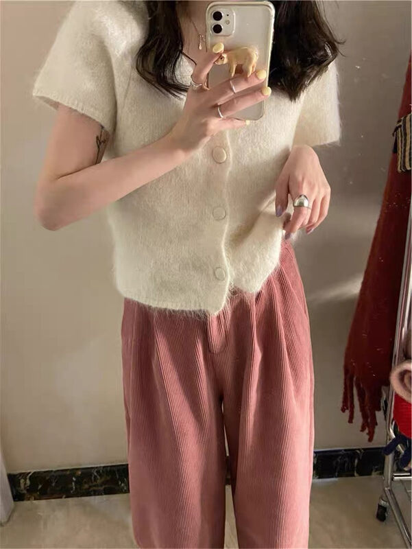 New in autumn! [ARE YOU] Korean round neck buttoned short-sleeved sweater YS1-108# L