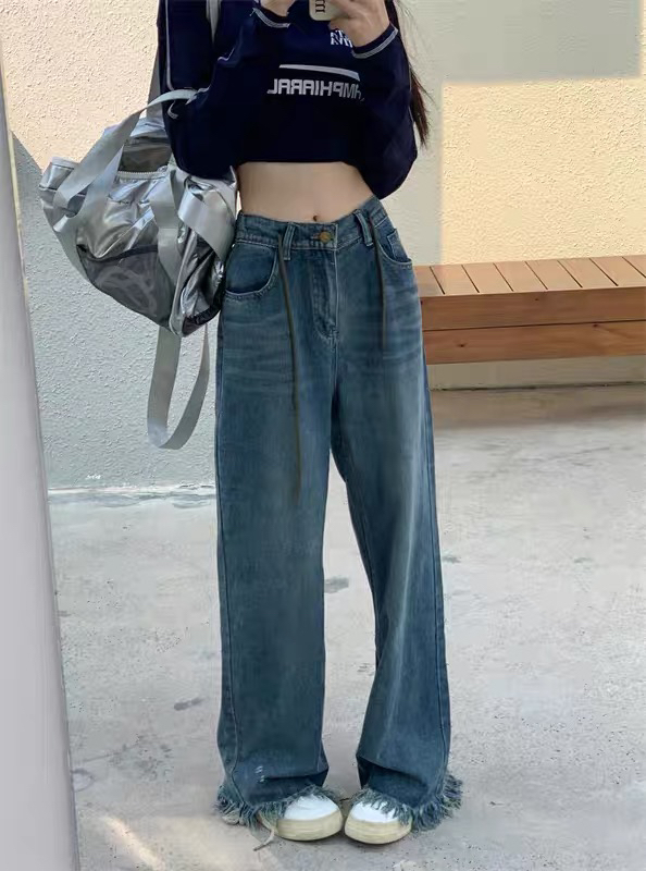 New in autumn! [JIAJIATMMT Muli] Retro tassel wide-leg pants mopping jeans W9187# L