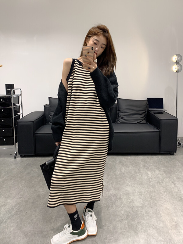 New in autumn!【VANESSA】Korean striped casual racer dress 6802# OZQ