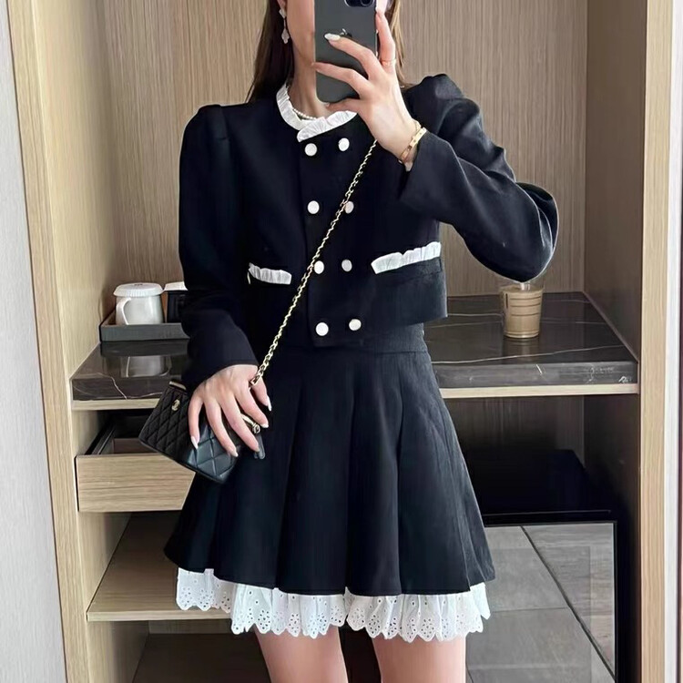 Autumn is new! [L.L STUDIO] Small Fragrance Double Breasted Short Jacket + High Waist Pleated Skirt Suit 77927# PCZ