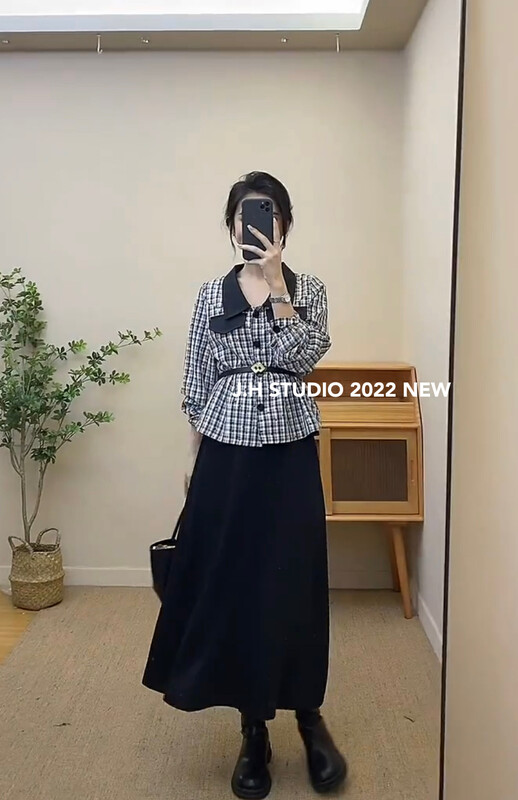 New in early autumn! [JH] Net red plaid contrast color shirt (with belt) 42527# PCZ